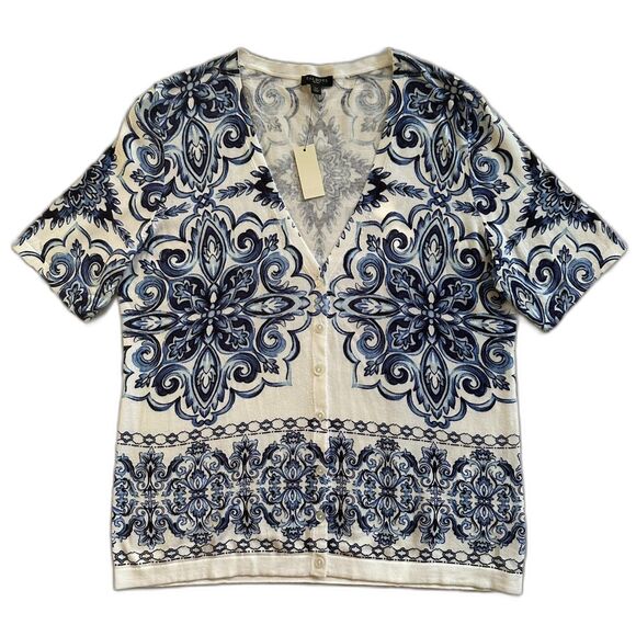 Talbots Petite Cardigan Blue White Medallion Short Sleeve V-Neck Career Coastal - Picture 1 of 8